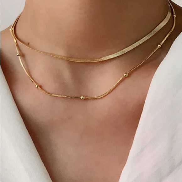 18K Gold Plated Round Beads Snake Chain Stacked Double Layered Necklace - Picture 4 of 9